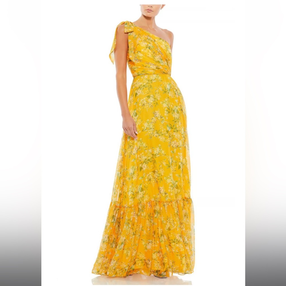 Mac Duggal Yellow Floral One Shoulder Bow Maxi Dress Gown